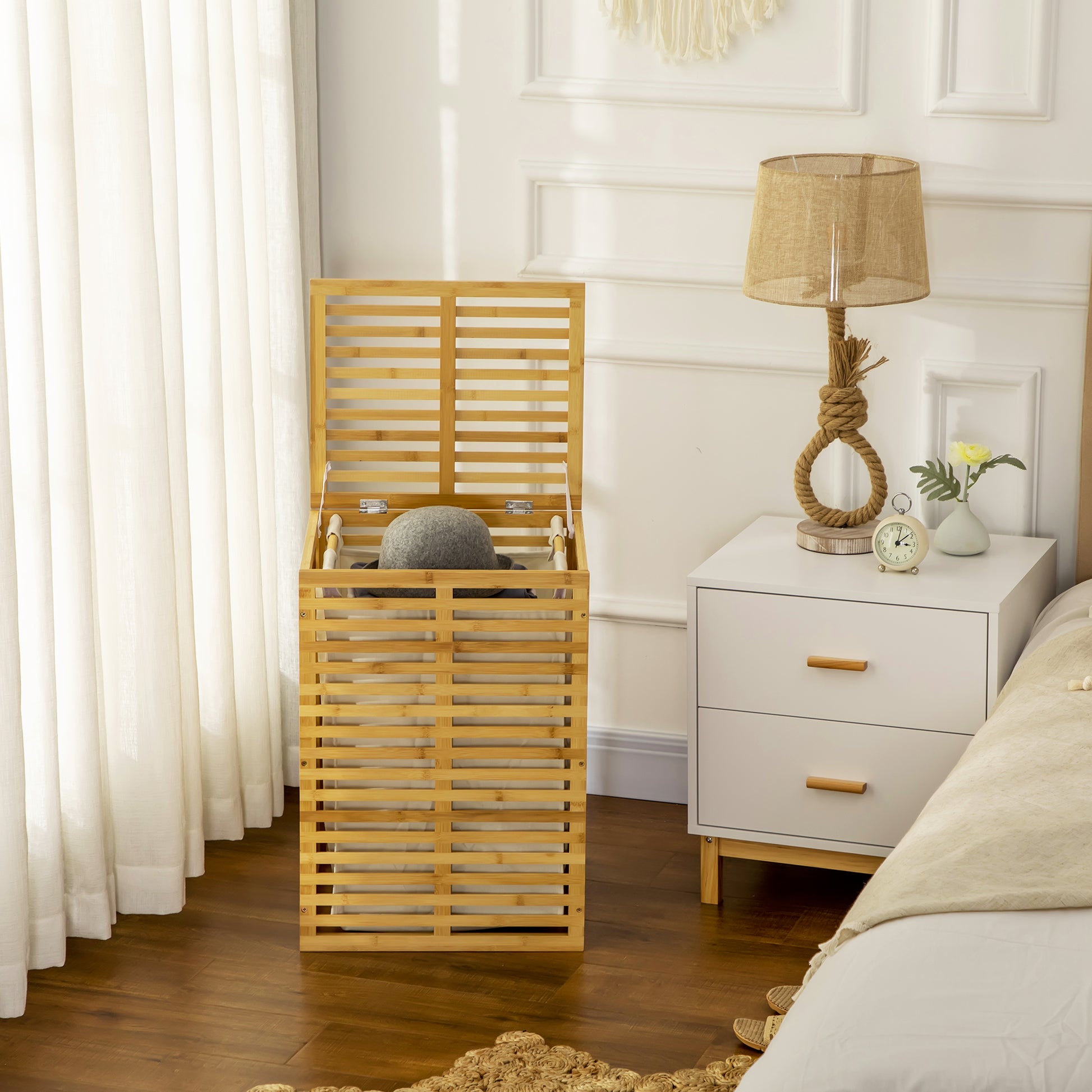 Bamboo Laundry Basket with 63 L Laundry Collector with Lid Removable Laundry Bag, Rod, Laundry Baskets Laundry Box for Laundry Room Bedroom Bathroom Natural Wood