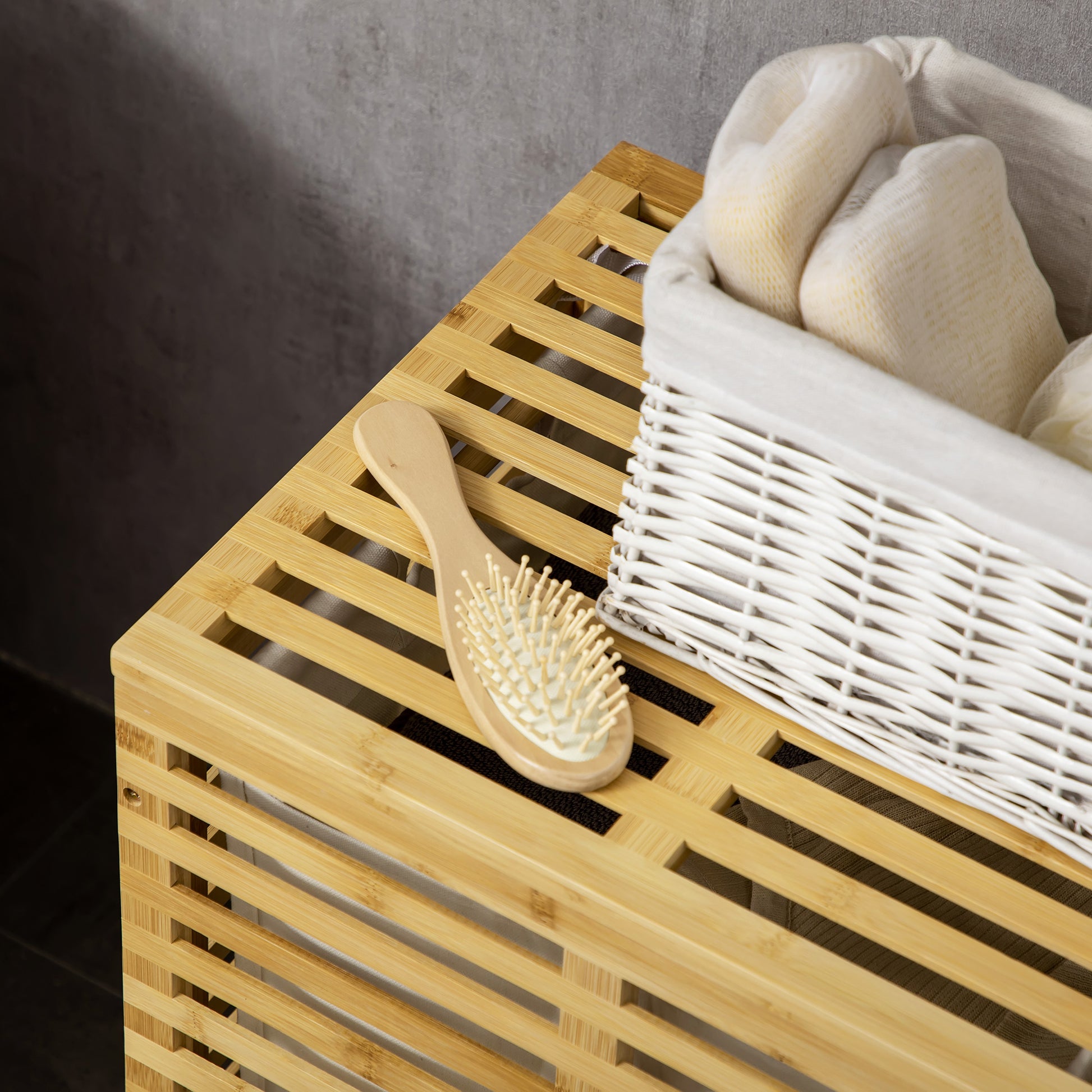 Bamboo Laundry Basket with 63 L Laundry Collector with Lid Removable Laundry Bag, Rod, Laundry Baskets Laundry Box for Laundry Room Bedroom Bathroom Natural Wood