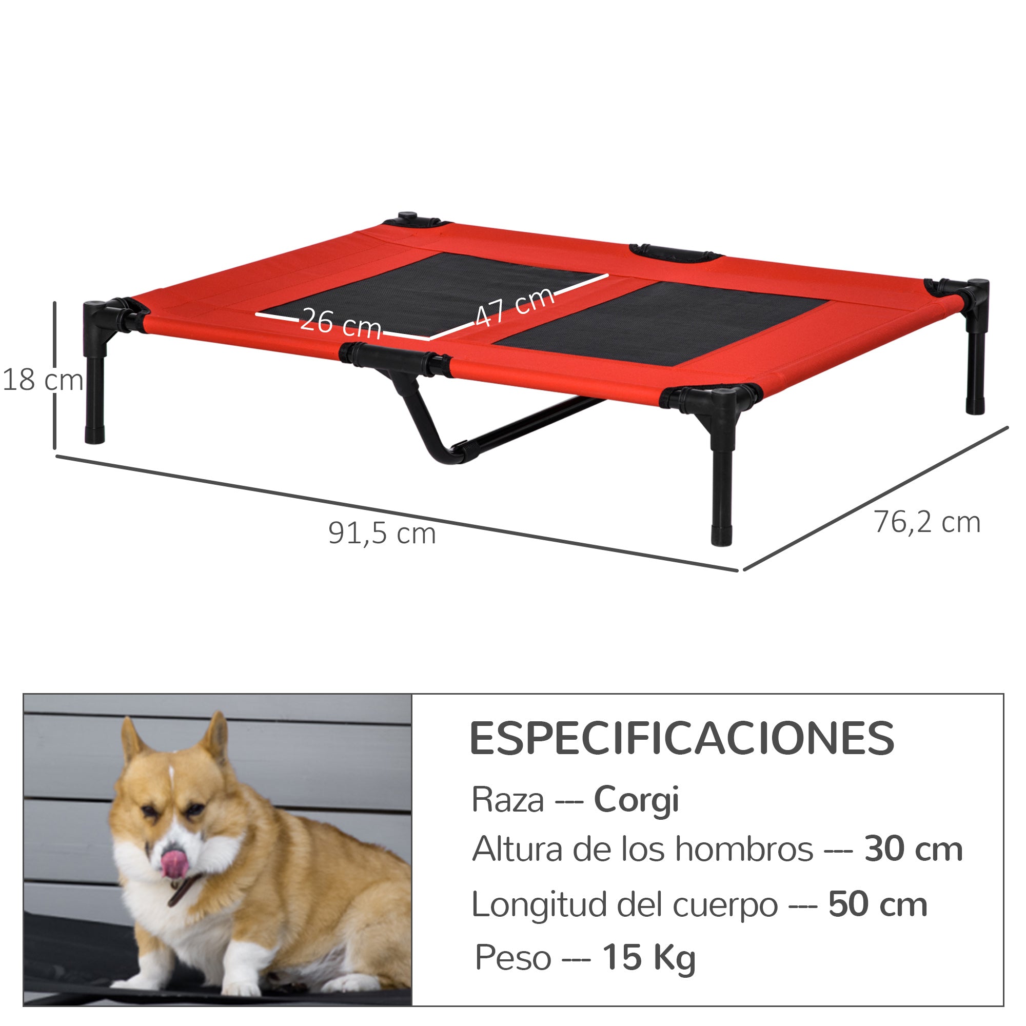 Elevated Bed for Dogs Cats Portable Pet Bed with Breathable Mesh Area and Oxford Fabric for Indoor Outdoor 92x76x18 cm Red