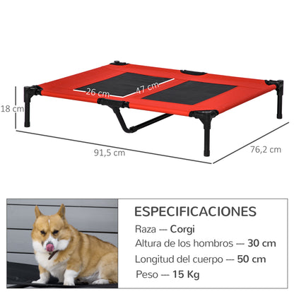 Elevated Bed for Dogs Cats Portable Pet Bed with Breathable Mesh Area and Oxford Fabric for Indoor Outdoor 92x76x18 cm Red