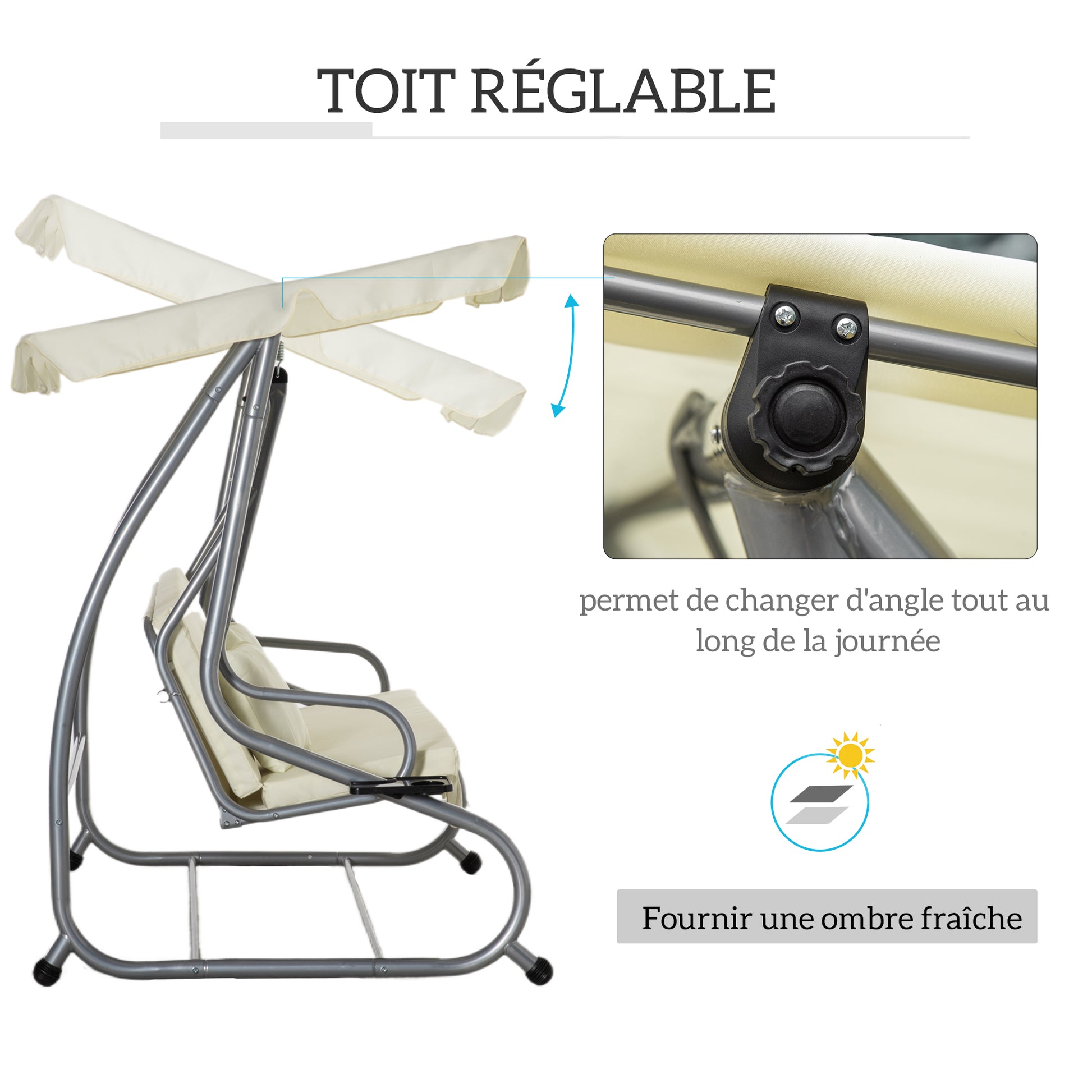 3-Seater Convertible Garden Swing with Adjustable Canopy 2 Side Shelves 2L x 1.2W x 1.64H m Steel Black Polyester Beige