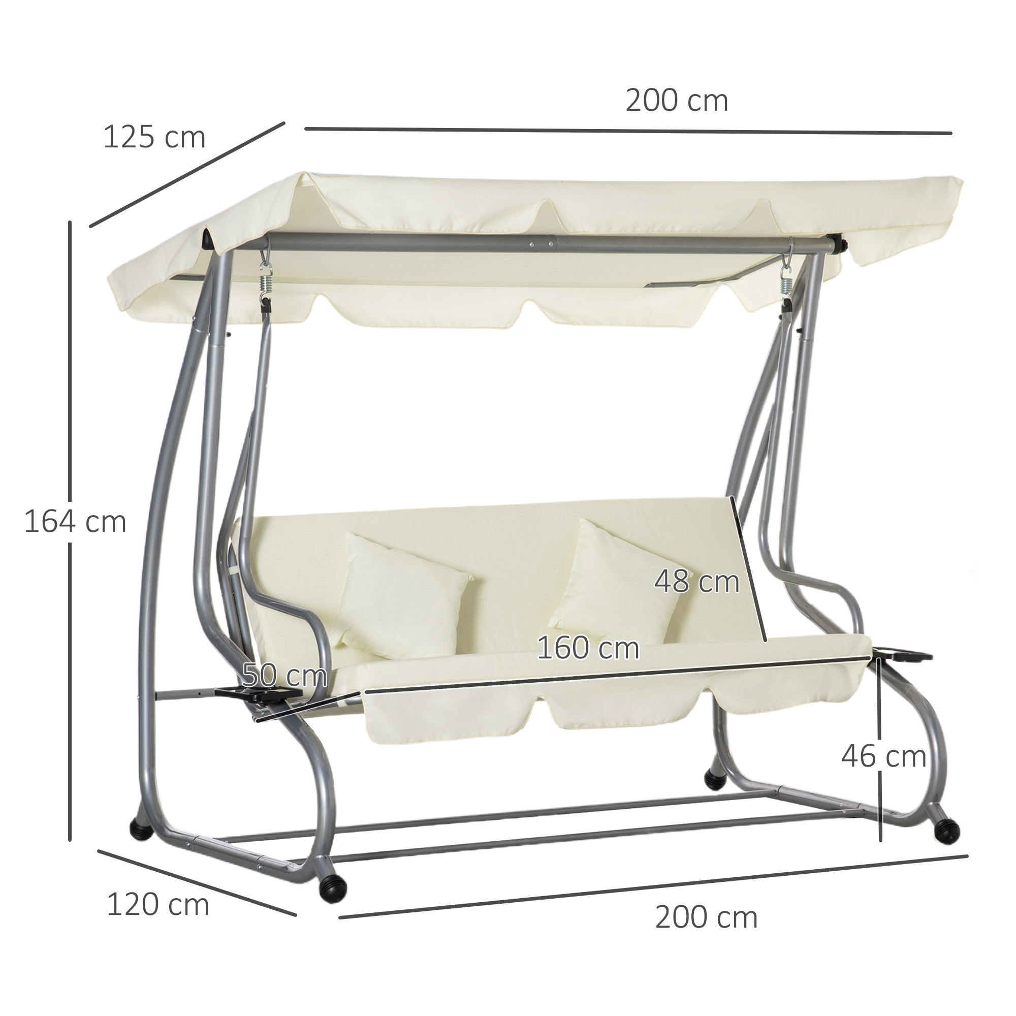 3-Seater Convertible Garden Swing with Adjustable Canopy 2 Side Shelves 2L x 1.2W x 1.64H m Steel Black Polyester Beige