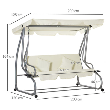 3-Seater Convertible Garden Swing with Adjustable Canopy 2 Side Shelves 2L x 1.2W x 1.64H m Steel Black Polyester Beige