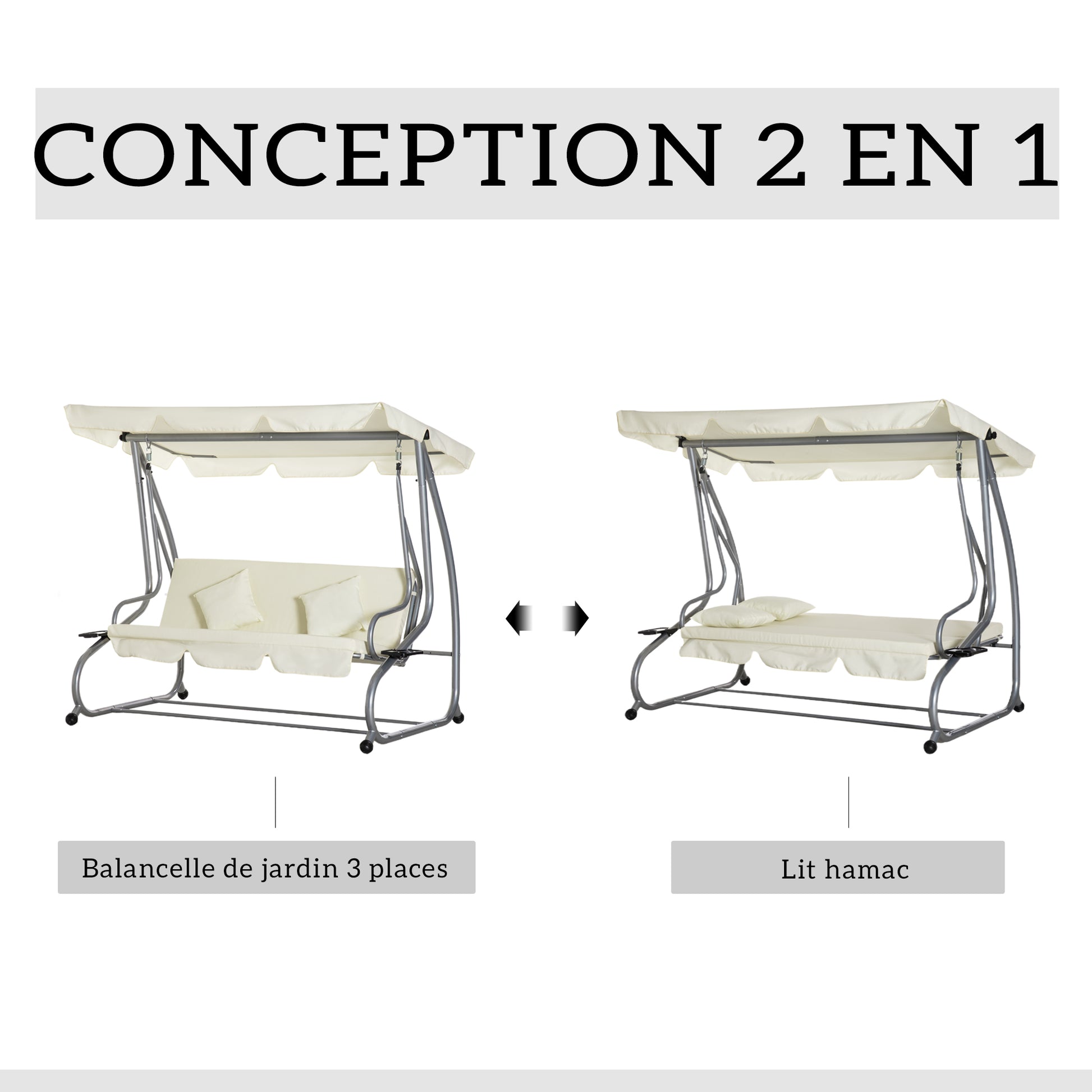 3-Seater Convertible Garden Swing with Adjustable Canopy 2 Side Shelves 2L x 1.2W x 1.64H m Steel Black Polyester Beige