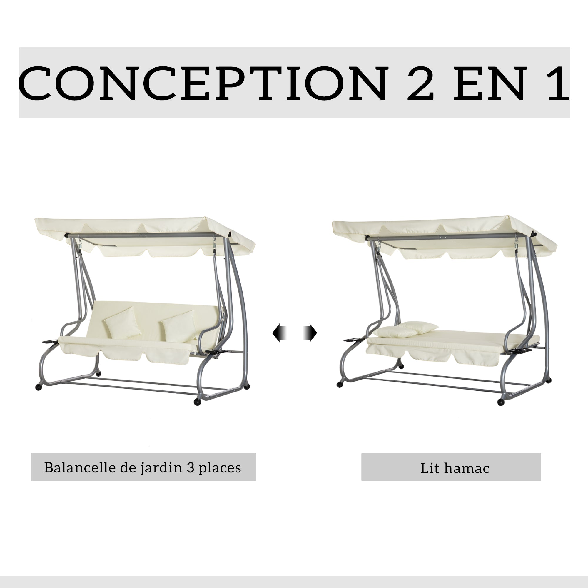 3-Seater Convertible Garden Swing with Adjustable Canopy 2 Side Shelves 2L x 1.2W x 1.64H m Steel Black Polyester Beige