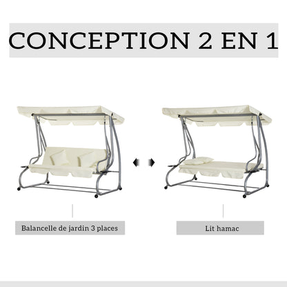 3-Seater Convertible Garden Swing with Adjustable Canopy 2 Side Shelves 2L x 1.2W x 1.64H m Steel Black Polyester Beige