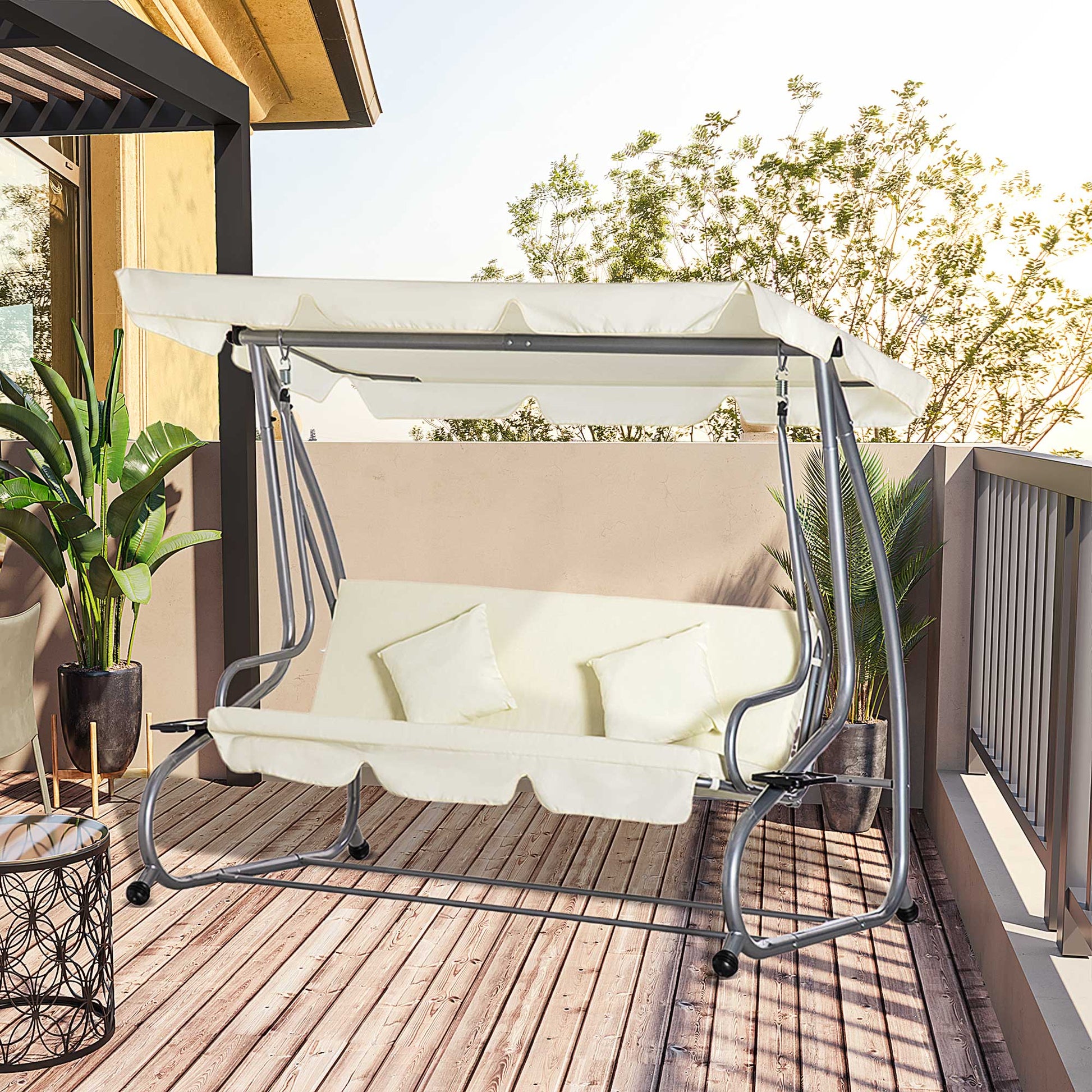 3-Seater Convertible Garden Swing with Adjustable Canopy 2 Side Shelves 2L x 1.2W x 1.64H m Steel Black Polyester Beige