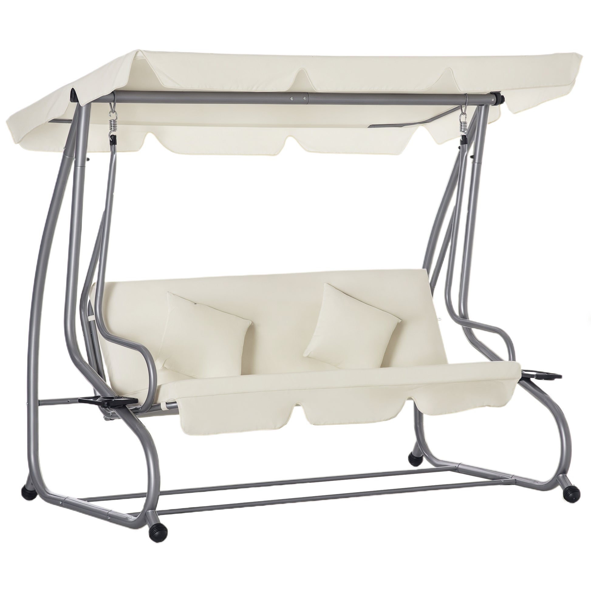3-Seater Convertible Garden Swing with Adjustable Canopy 2 Side Shelves 2L x 1.2W x 1.64H m Steel Black Polyester Beige