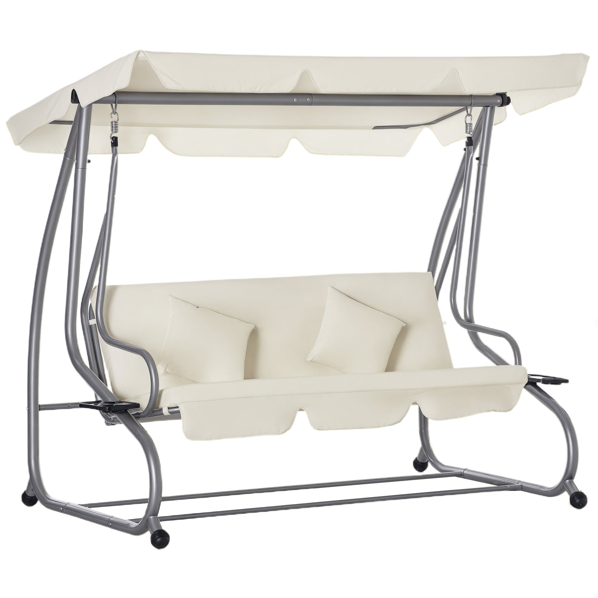 3-Seater Convertible Garden Swing with Adjustable Canopy 2 Side Shelves 2L x 1.2W x 1.64H m Steel Black Polyester Beige