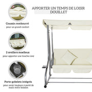3-Seater Convertible Garden Swing with Adjustable Canopy 2 Side Shelves 2L x 1.2W x 1.64H m Steel Black Polyester Beige