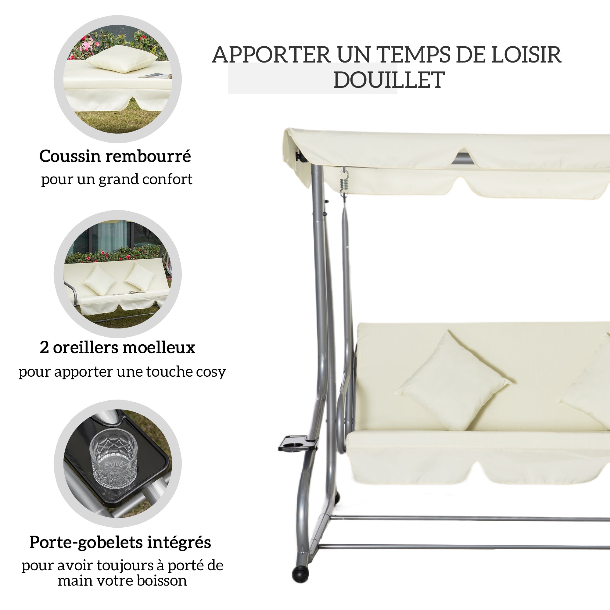 3-Seater Convertible Garden Swing with Adjustable Canopy 2 Side Shelves 2L x 1.2W x 1.64H m Steel Black Polyester Beige