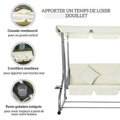 3-Seater Convertible Garden Swing with Adjustable Canopy 2 Side Shelves 2L x 1.2W x 1.64H m Steel Black Polyester Beige