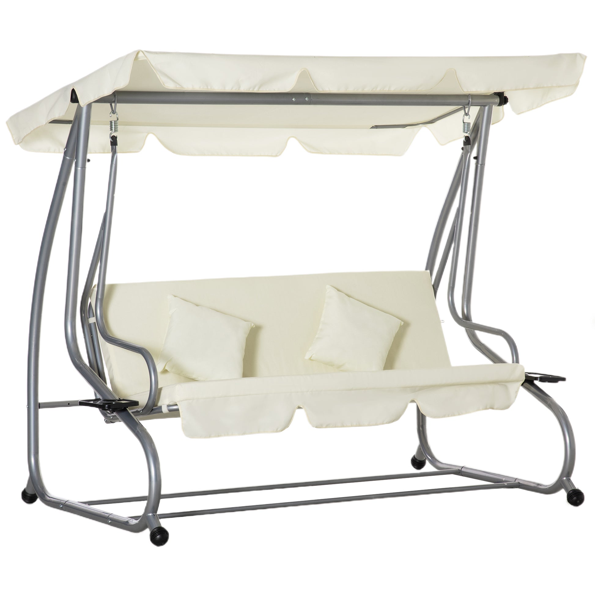 3-Seater Convertible Garden Swing with Adjustable Canopy 2 Side Shelves 2L x 1.2W x 1.64H m Steel Black Polyester Beige