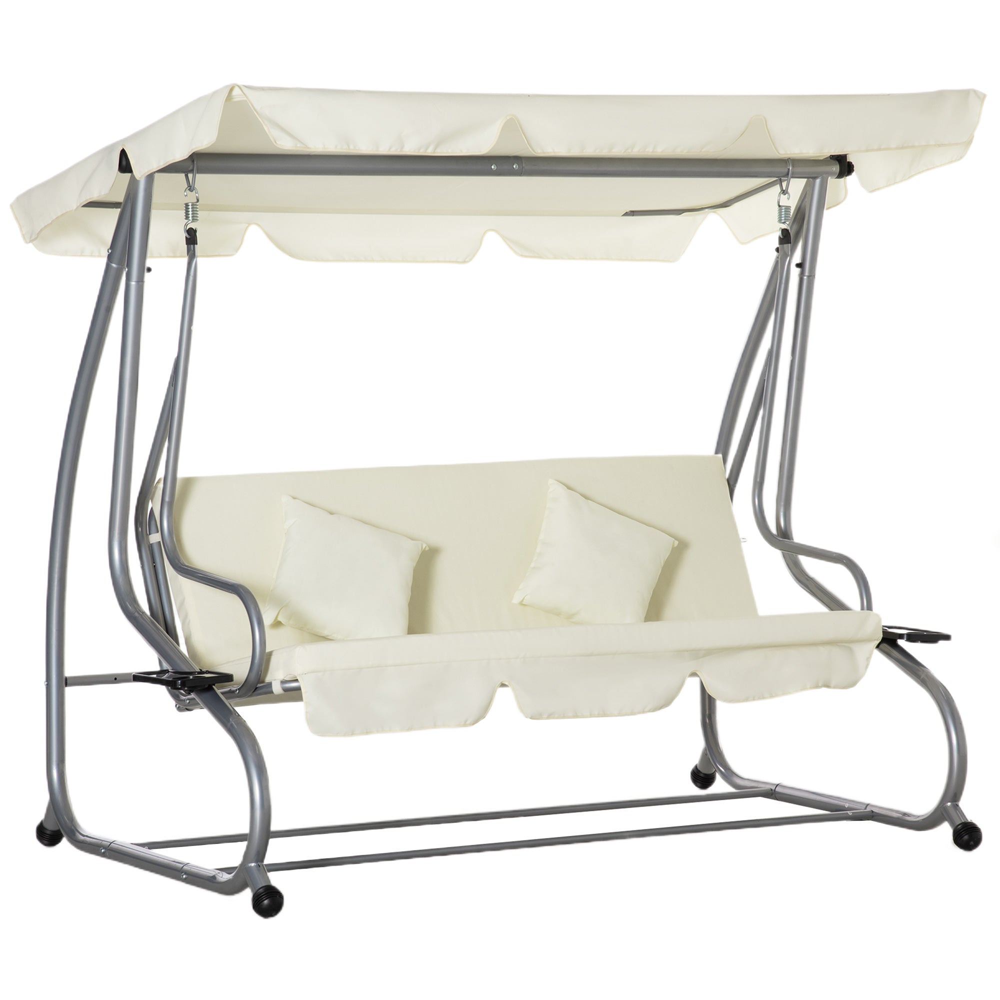 3-Seater Convertible Garden Swing with Adjustable Canopy 2 Side Shelves 2L x 1.2W x 1.64H m Steel Black Polyester Beige