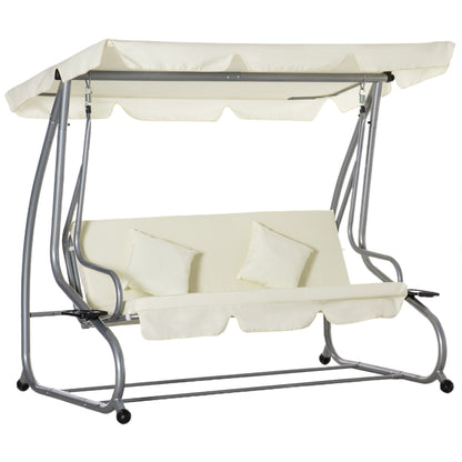 3-Seater Convertible Garden Swing with Adjustable Canopy 2 Side Shelves 2L x 1.2W x 1.64H m Steel Black Polyester Beige