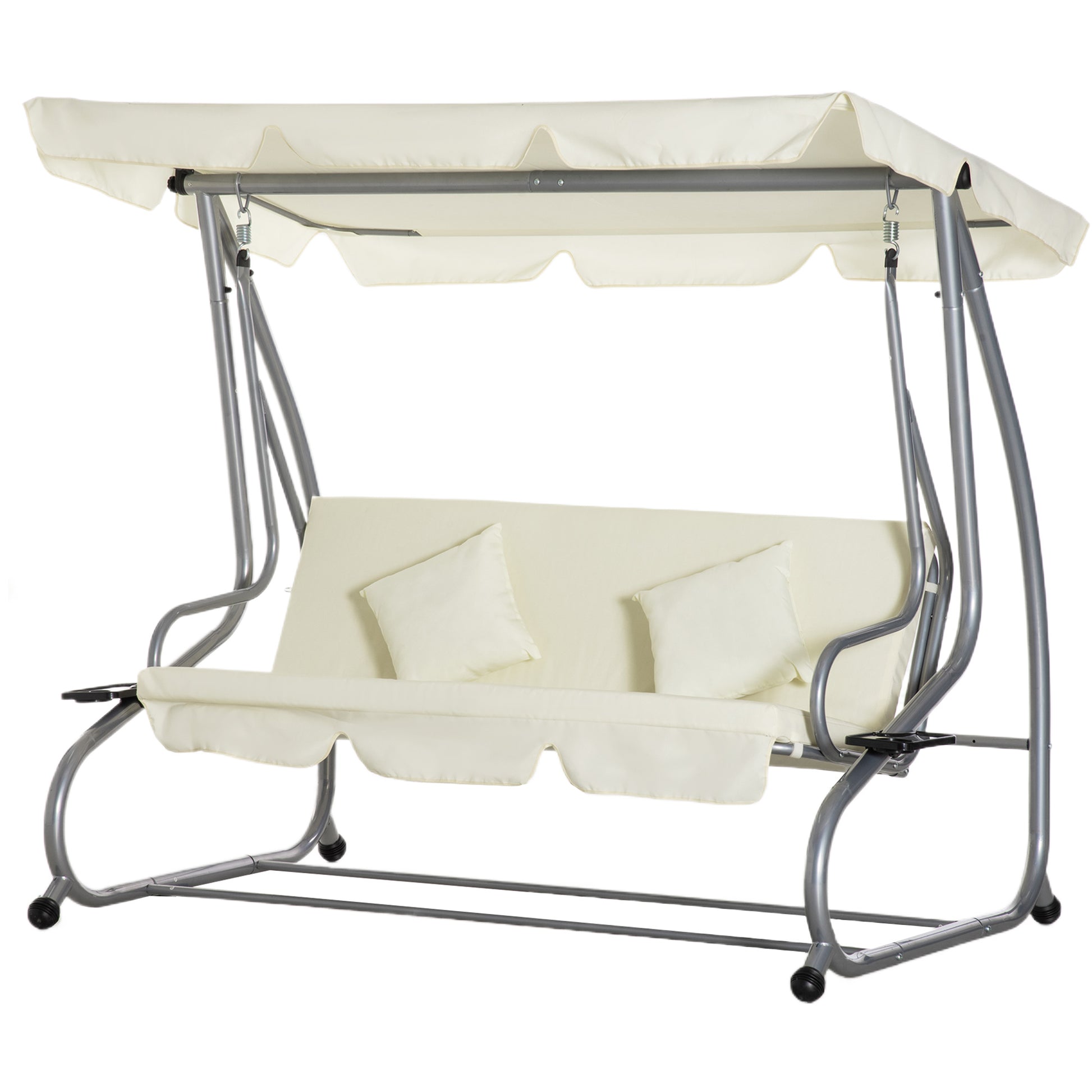3-Seater Convertible Garden Swing with Adjustable Canopy 2 Side Shelves 2L x 1.2W x 1.64H m Steel Black Polyester Beige
