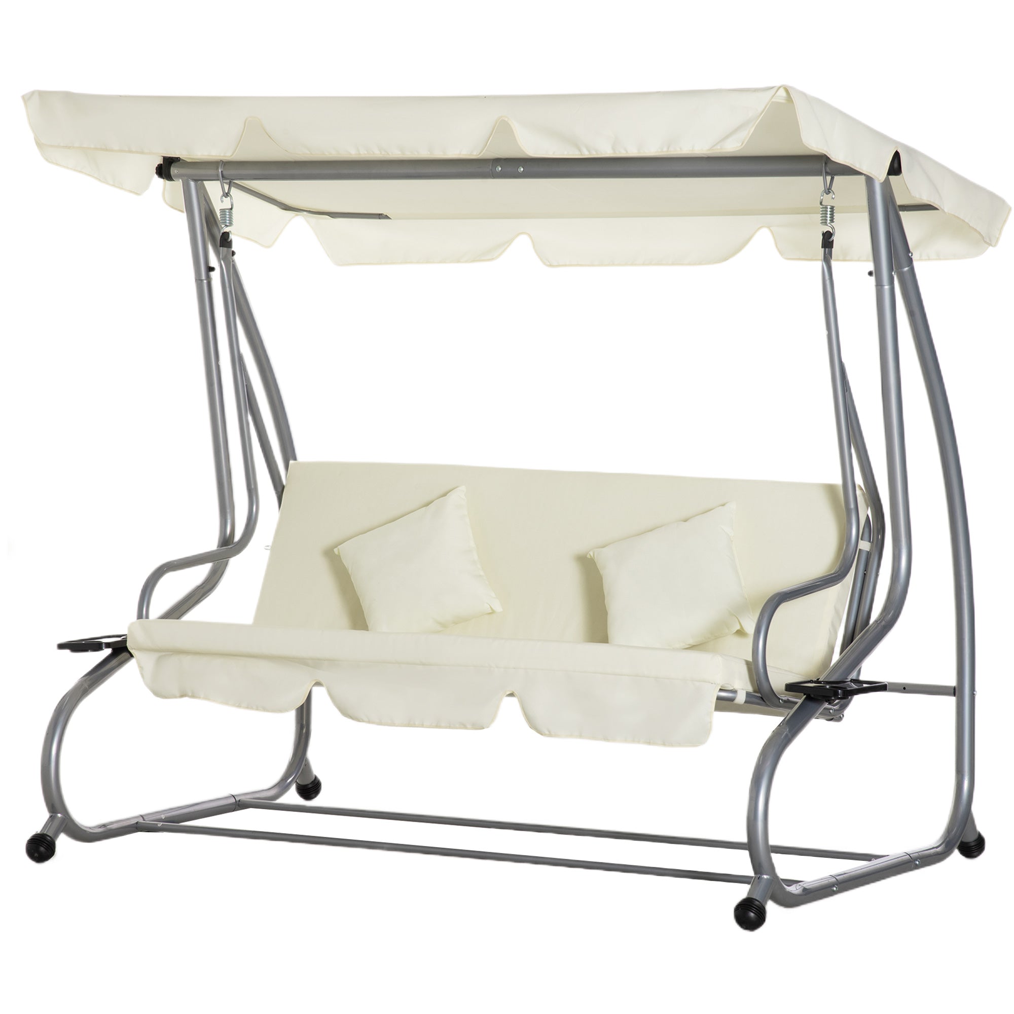 3-Seater Convertible Garden Swing with Adjustable Canopy 2 Side Shelves 2L x 1.2W x 1.64H m Steel Black Polyester Beige
