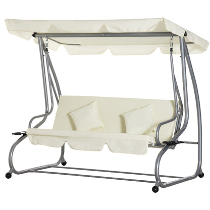 3-Seater Convertible Garden Swing with Adjustable Canopy 2 Side Shelves 2L x 1.2W x 1.64H m Steel Black Polyester Beige