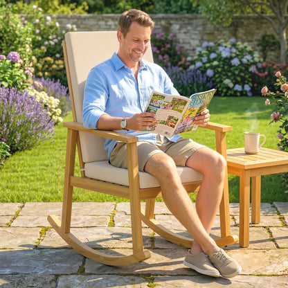 Acacia Wood Rocking Chair with High Back and Cushions — Outdoor Relax Chair for Garden, Balcony & Patio, Supports up to 353 lb, Beige (23.6 x 35.0 x 42.1 in / 60 x 89 x 107 cm)