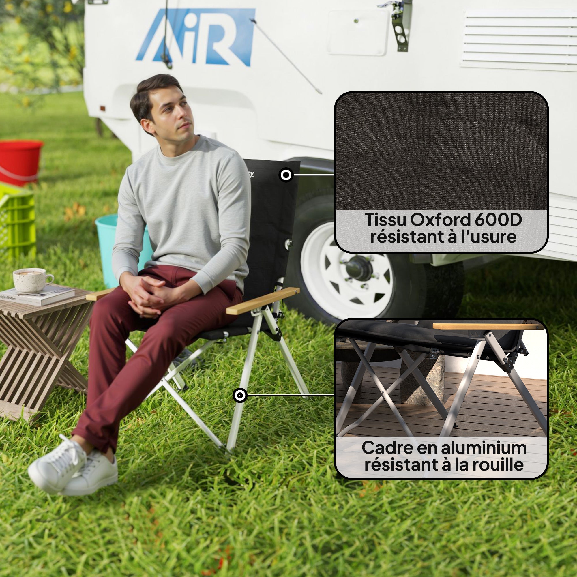 Camping Chair Folding Fishing Chair Portable, High Back, Removable Cushion and Carrying Bag, Garden Chair for Hiking, Fishing, Beach, and Picnic, 59x67x96cm, Black