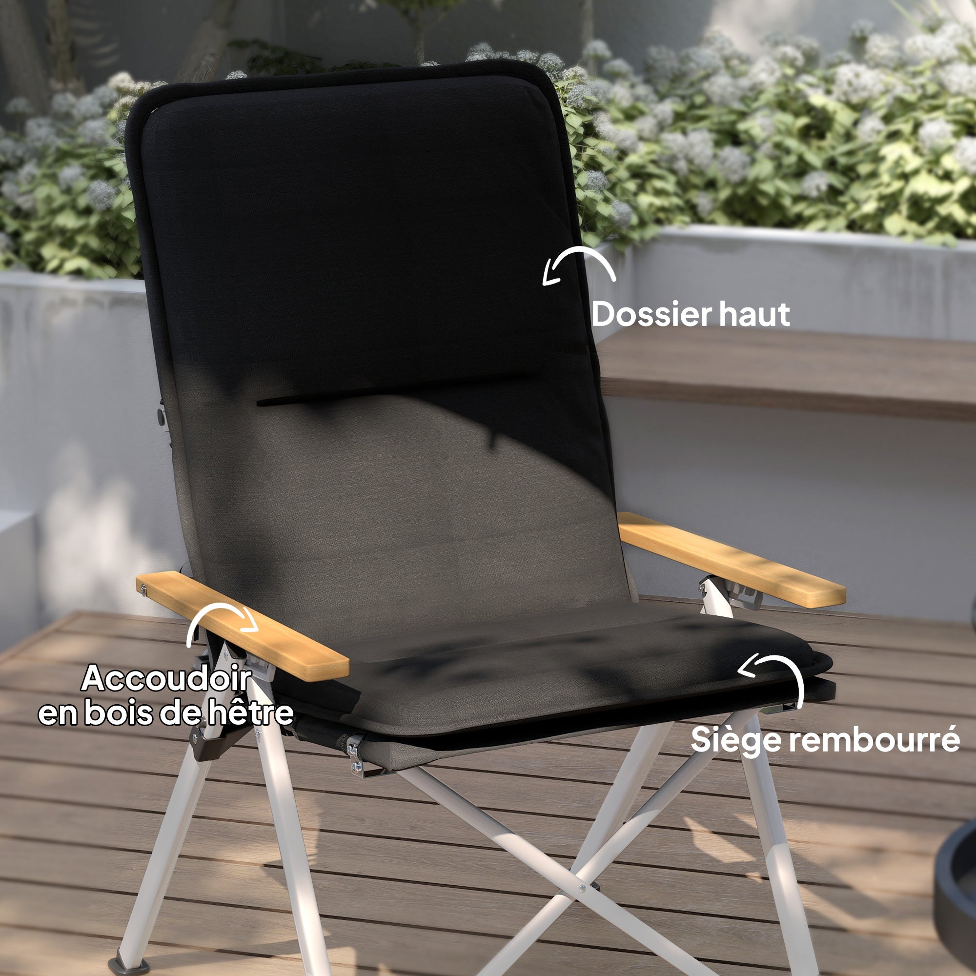 Camping Chair Folding Fishing Chair Portable, High Back, Removable Cushion and Carrying Bag, Garden Chair for Hiking, Fishing, Beach, and Picnic, 59x67x96cm, Black