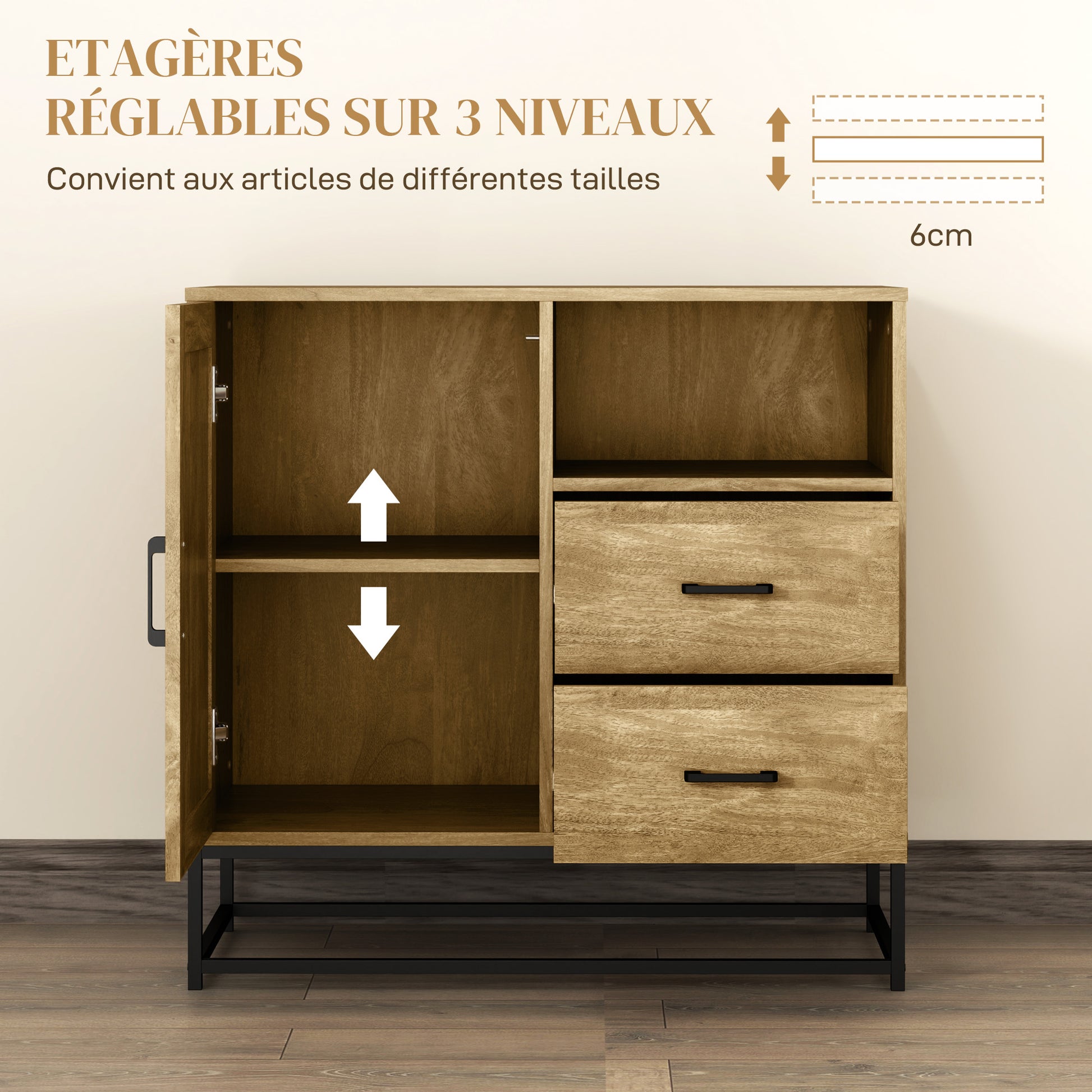 Modern Style Buffet Sideboard Storage Cabinet with 2 Drawers, Open Compartment, and Adjustable Shelf - Dining Room, Kitchen, Living Room Buffet, 80 x 40 x 78 cm, natural wood