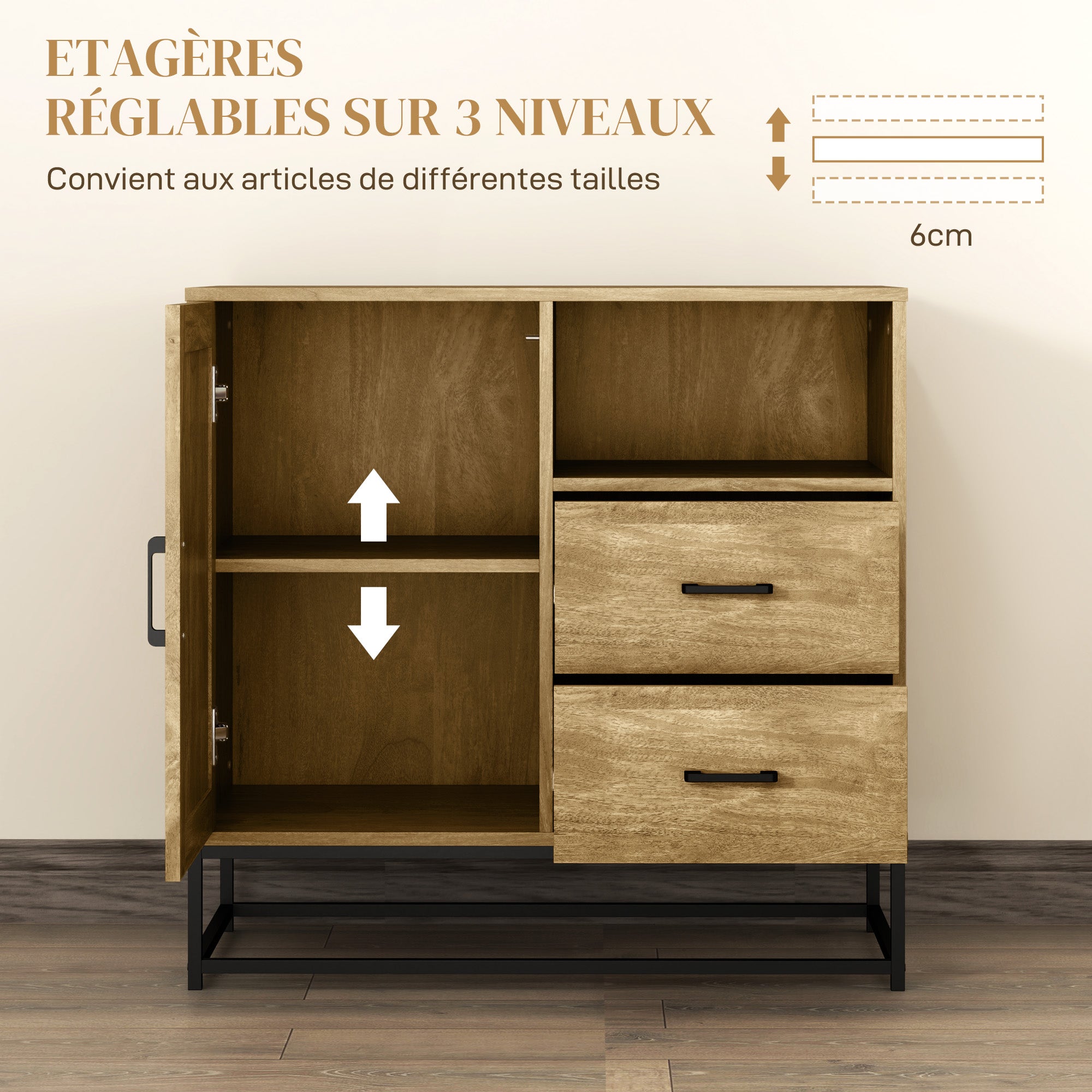 Modern Style Buffet Sideboard Storage Cabinet with 2 Drawers, Open Compartment, and Adjustable Shelf - Dining Room, Kitchen, Living Room Buffet, 80 x 40 x 78 cm, natural wood