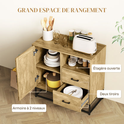 Modern Style Buffet Sideboard Storage Cabinet with 2 Drawers, Open Compartment, and Adjustable Shelf - Dining Room, Kitchen, Living Room Buffet, 80 x 40 x 78 cm, natural wood