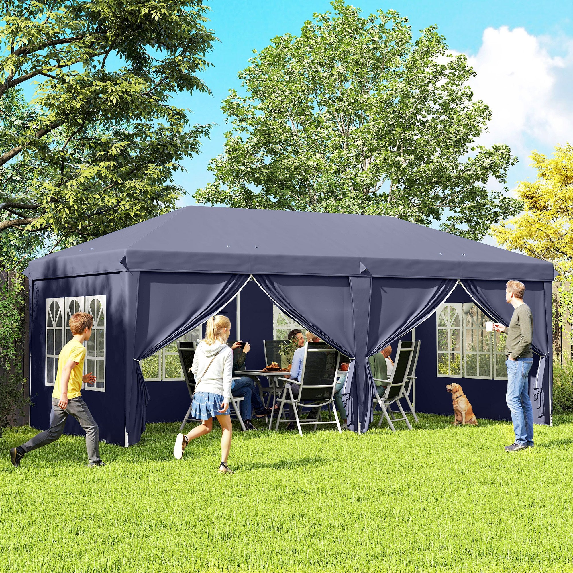 Pavilion 6x3m Sturdy Winterproof Garden Pavilion, Party Tent with Side Panels Windows, Door, Bag Garden Tent Marquee for Camping Garden Festival, Blue