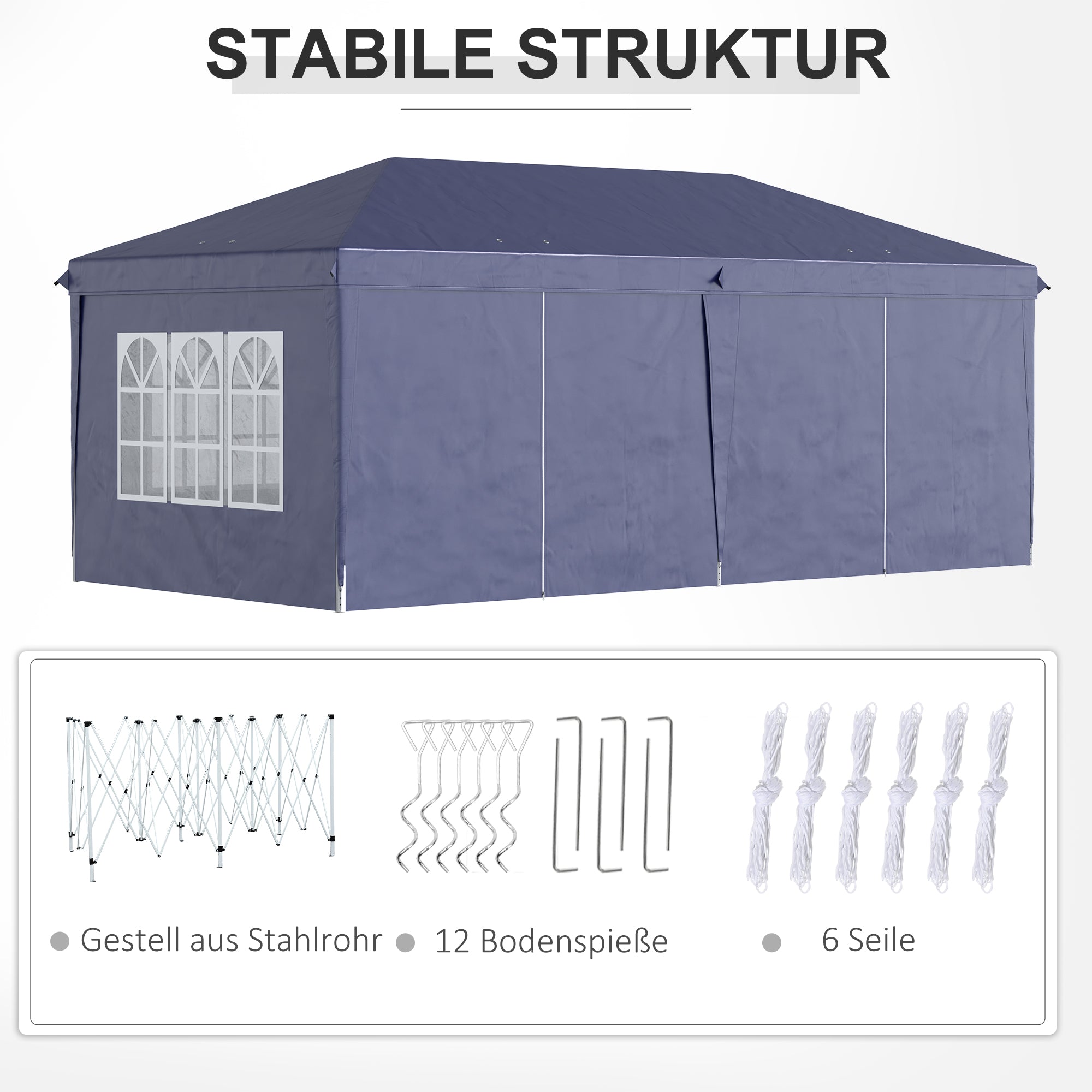 Pavilion 6x3m Sturdy Winterproof Garden Pavilion, Party Tent with Side Panels Windows, Door, Bag Garden Tent Marquee for Camping Garden Festival, Blue