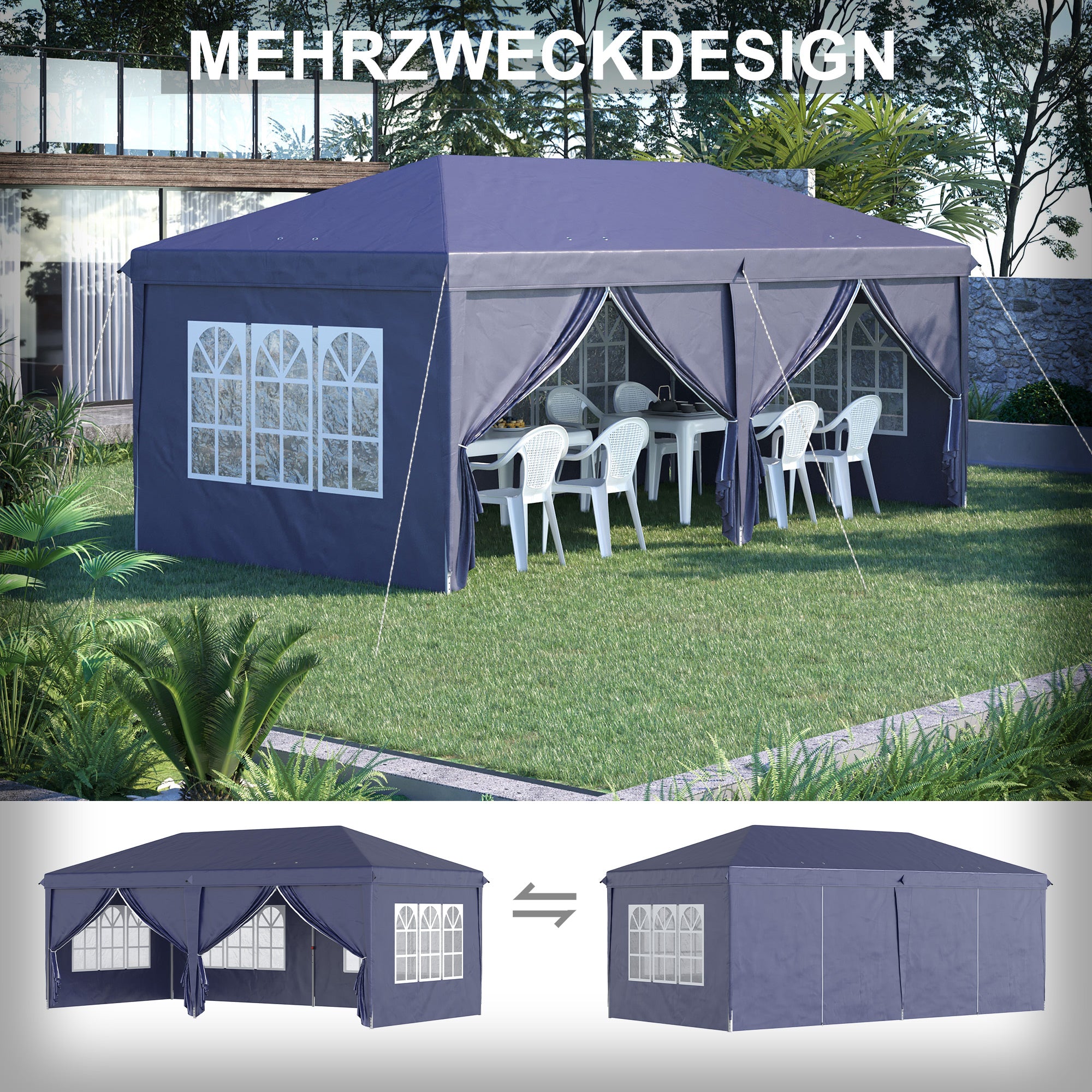 Pavilion 6x3m Sturdy Winterproof Garden Pavilion, Party Tent with Side Panels Windows, Door, Bag Garden Tent Marquee for Camping Garden Festival, Blue