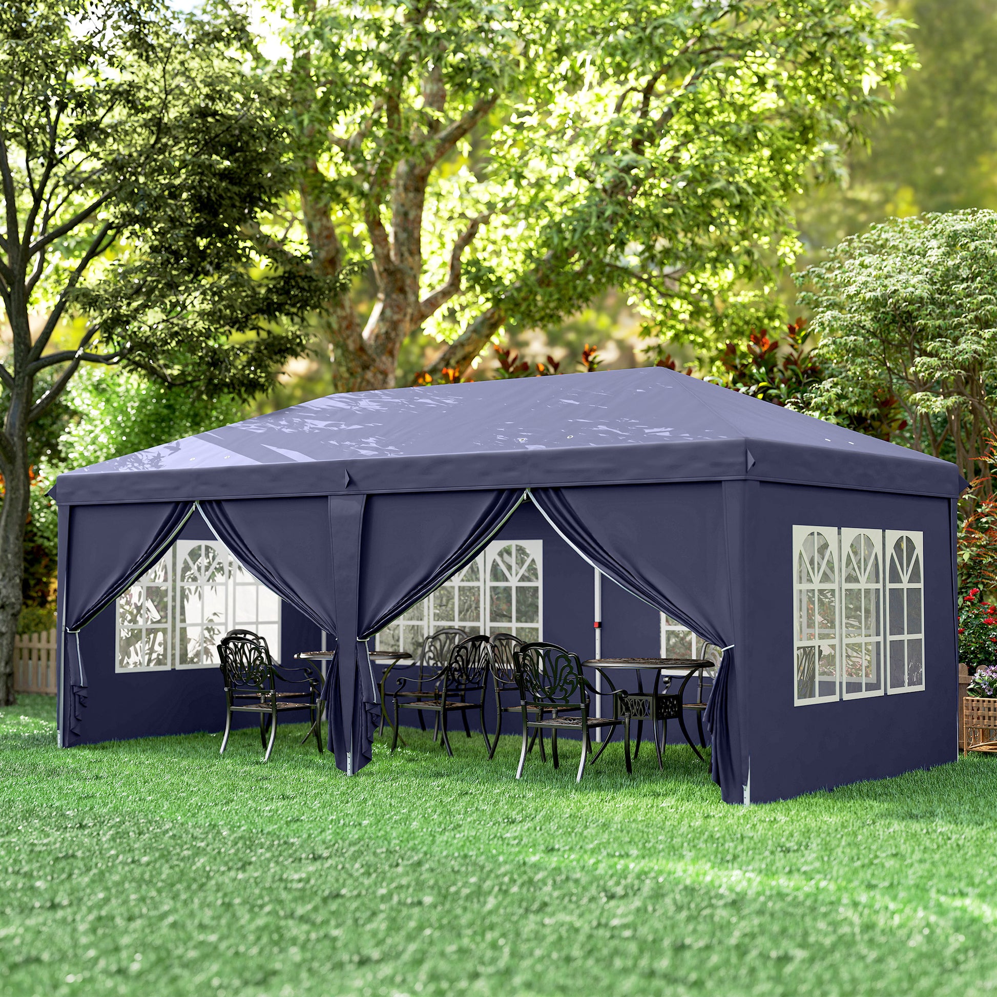 Pavilion 6x3m Sturdy Winterproof Garden Pavilion, Party Tent with Side Panels Windows, Door, Bag Garden Tent Marquee for Camping Garden Festival, Blue