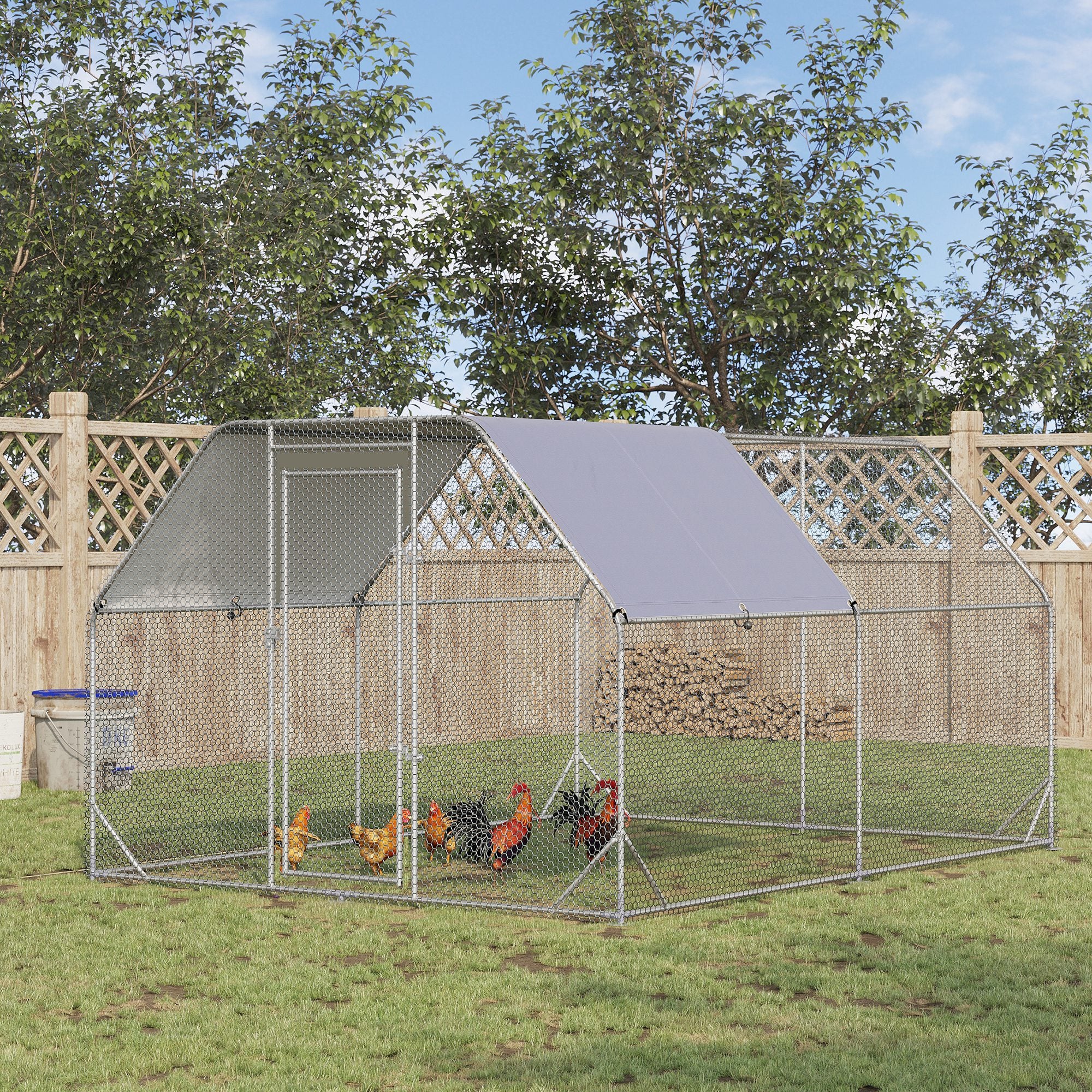 Chicken Coop Free Range Enclosure, 280 x 380 x 195 cm Chicken Cage with Door, Chicken Enclosure with Water-Resistant Sunshade Roof, Poultry Coop for 10-12 Chickens, Oxford, Silver