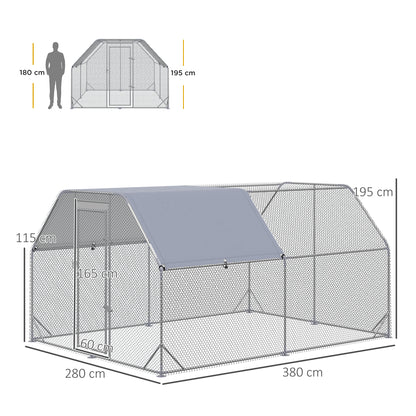 Chicken Coop Free Range Enclosure, 280 x 380 x 195 cm Chicken Cage with Door, Chicken Enclosure with Water-Resistant Sunshade Roof, Poultry Coop for 10-12 Chickens, Oxford, Silver