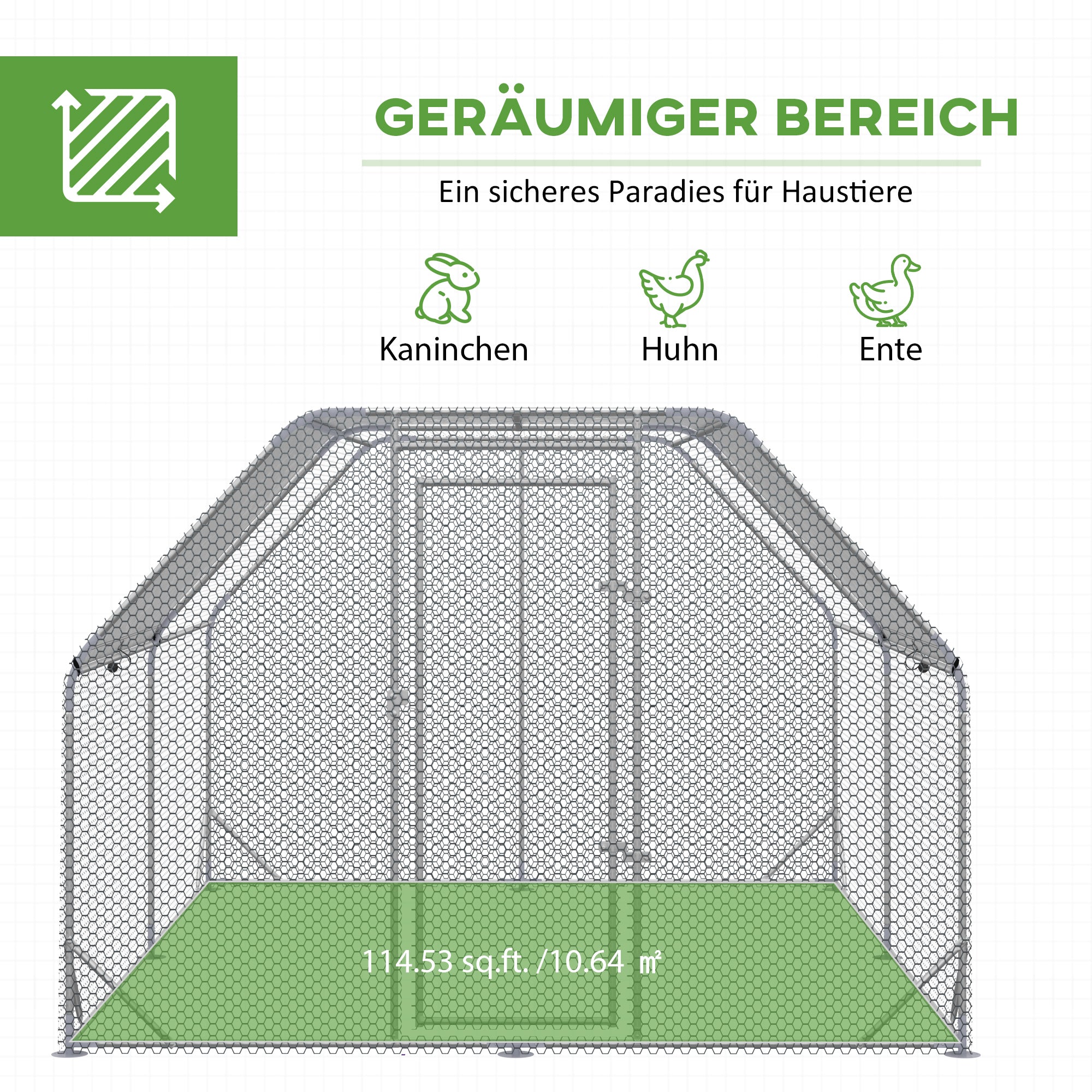 Chicken Coop Free Range Enclosure, 280 x 380 x 195 cm Chicken Cage with Door, Chicken Enclosure with Water-Resistant Sunshade Roof, Poultry Coop for 10-12 Chickens, Oxford, Silver