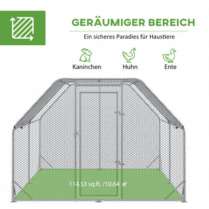 Chicken Coop Free Range Enclosure, 280 x 380 x 195 cm Chicken Cage with Door, Chicken Enclosure with Water-Resistant Sunshade Roof, Poultry Coop for 10-12 Chickens, Oxford, Silver