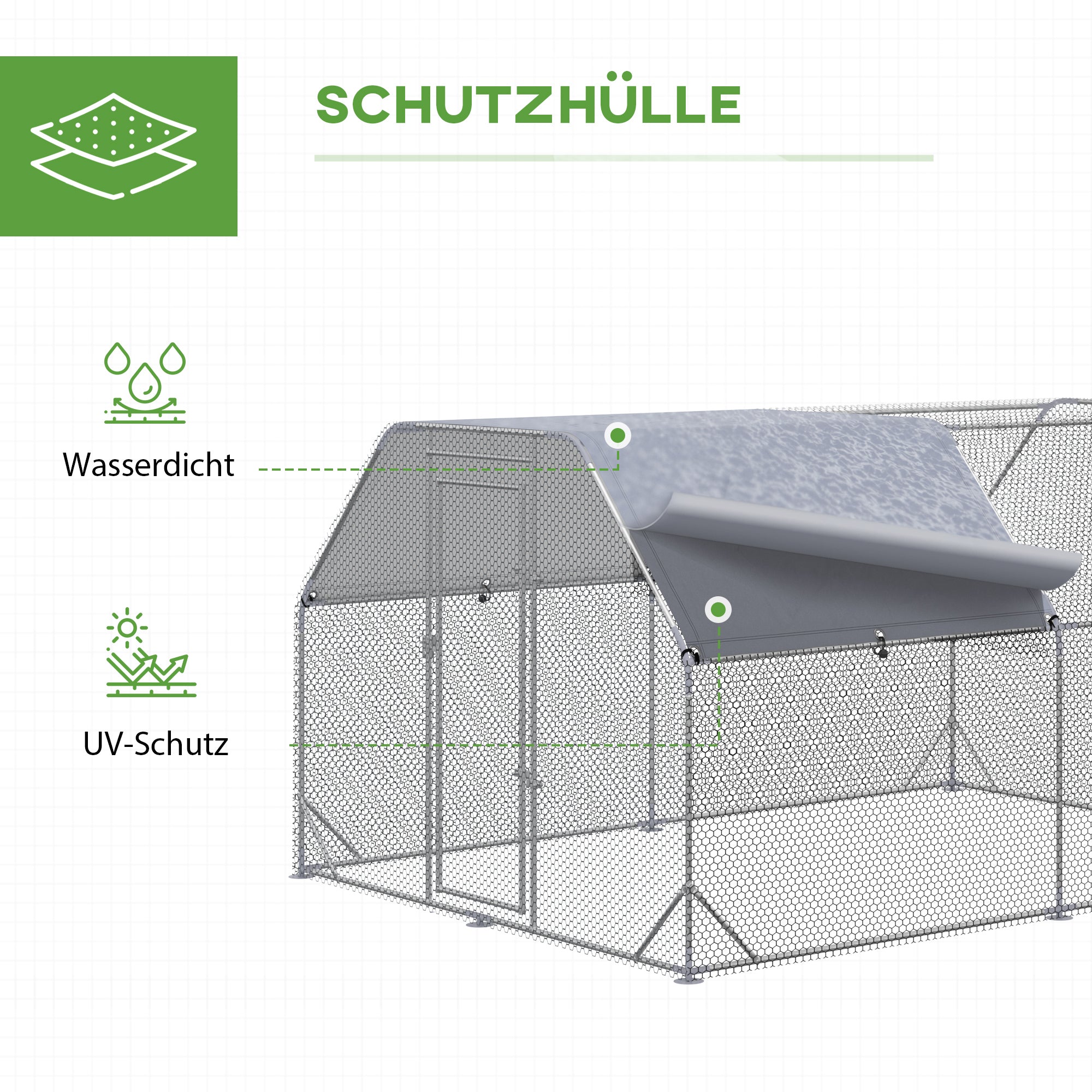 Chicken Coop Free Range Enclosure, 280 x 380 x 195 cm Chicken Cage with Door, Chicken Enclosure with Water-Resistant Sunshade Roof, Poultry Coop for 10-12 Chickens, Oxford, Silver