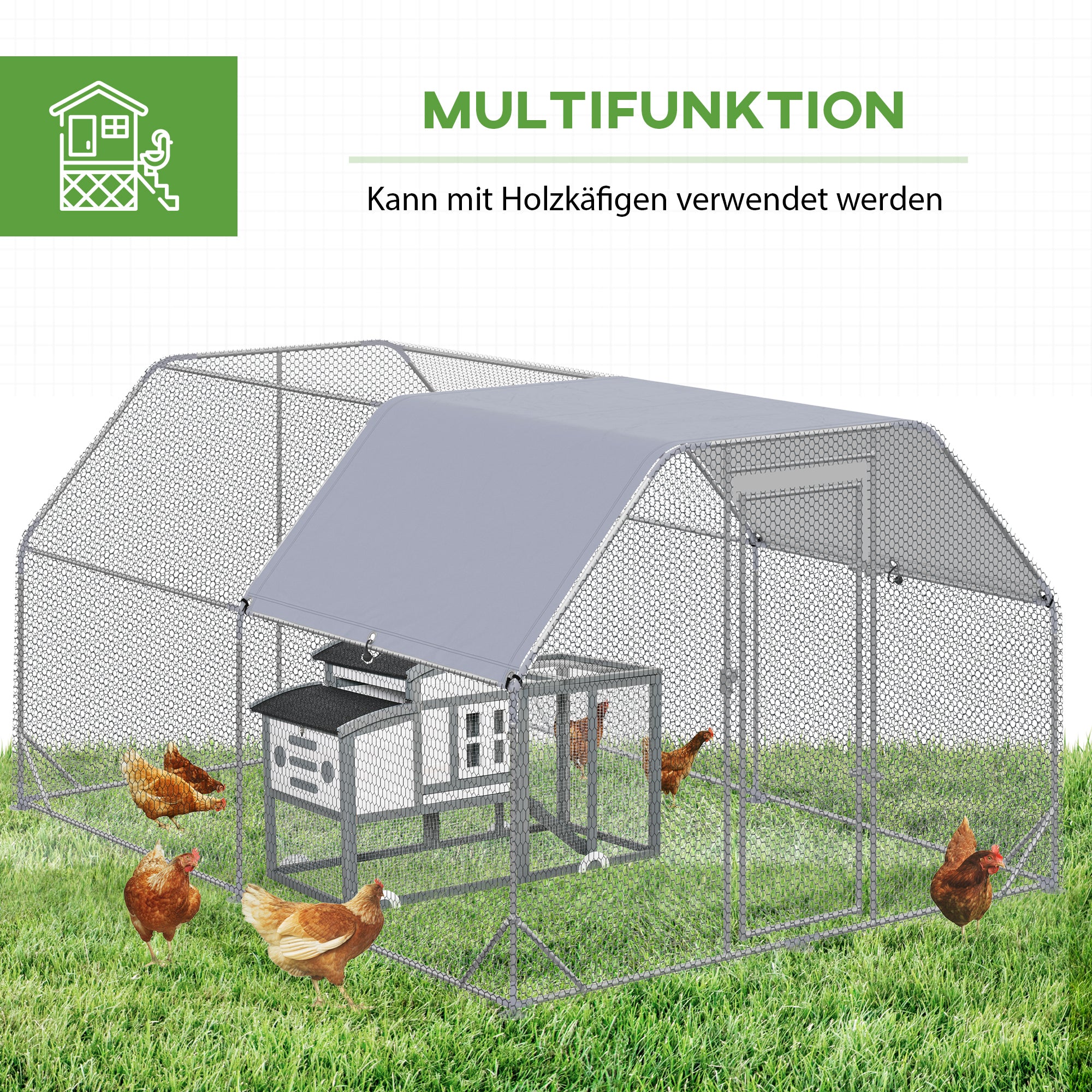 Chicken Coop Free Range Enclosure, 280 x 380 x 195 cm Chicken Cage with Door, Chicken Enclosure with Water-Resistant Sunshade Roof, Poultry Coop for 10-12 Chickens, Oxford, Silver