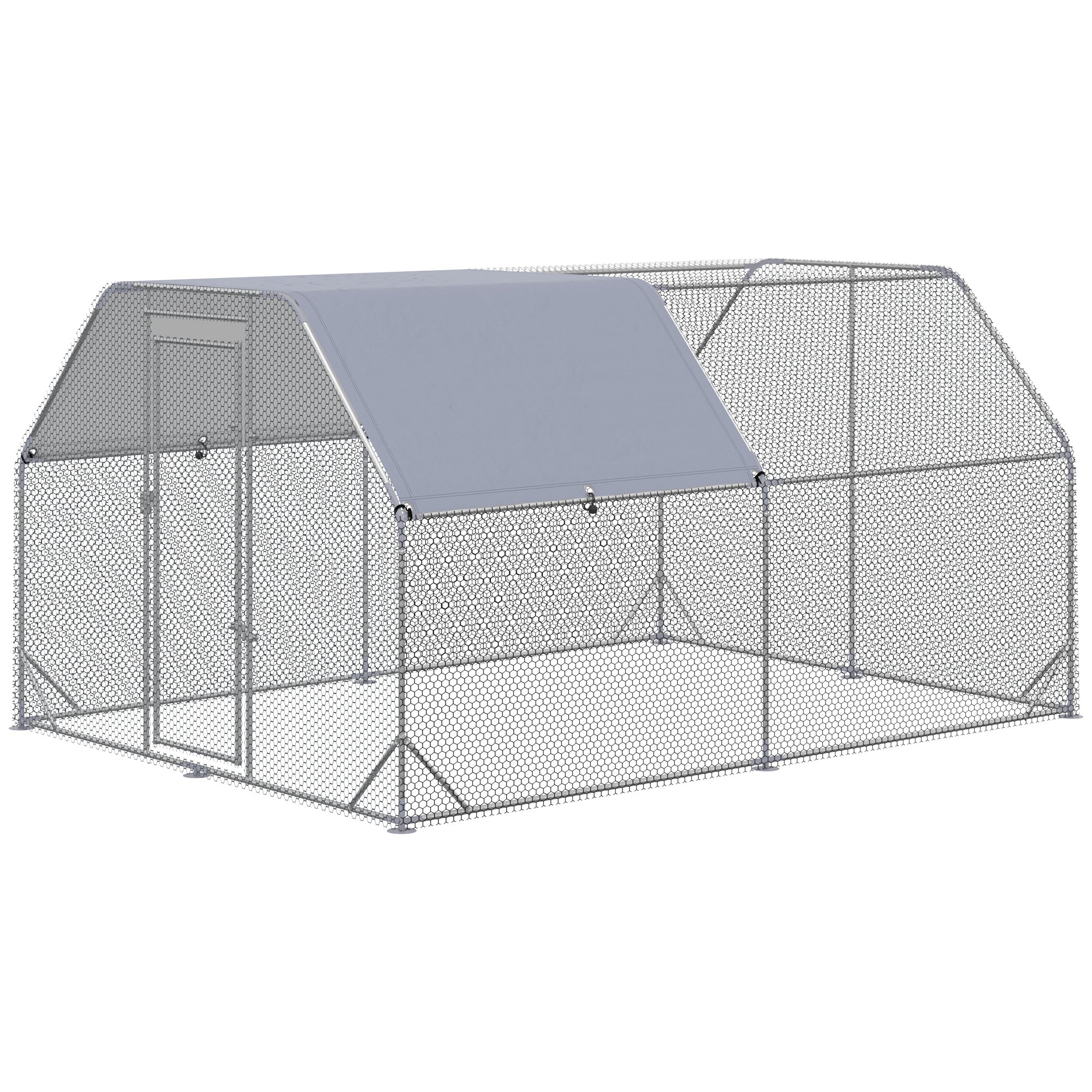 Chicken Coop Free Range Enclosure, 280 x 380 x 195 cm Chicken Cage with Door, Chicken Enclosure with Water-Resistant Sunshade Roof, Poultry Coop for 10-12 Chickens, Oxford, Silver