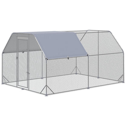 Chicken Coop Free Range Enclosure, 280 x 380 x 195 cm Chicken Cage with Door, Chicken Enclosure with Water-Resistant Sunshade Roof, Poultry Coop for 10-12 Chickens, Oxford, Silver