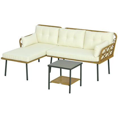 3-Piece Outdoor Rattan Lounge Set with Chaise Longue, Two-Seater Sofa, Cushions, and Coffee Table, Cream