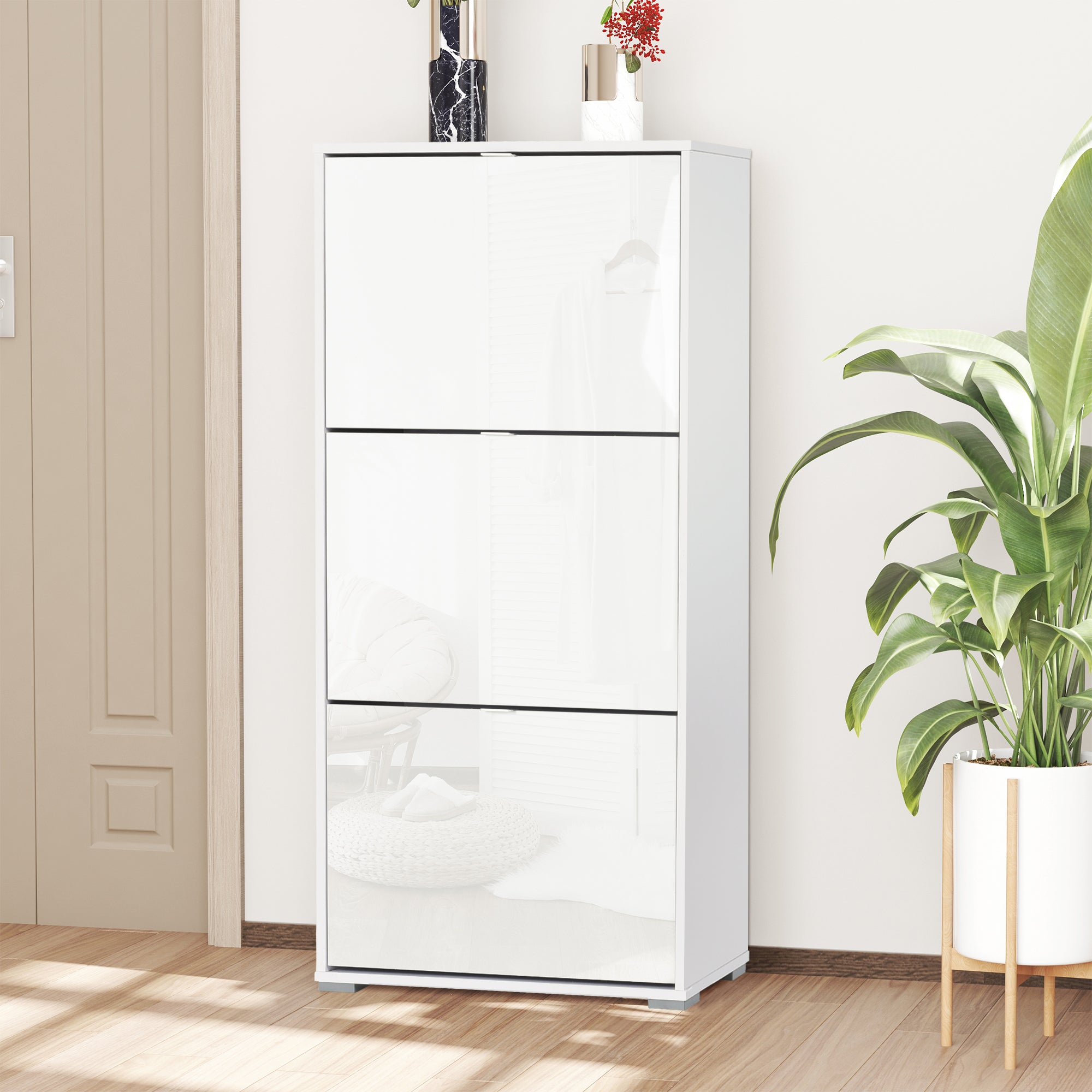 Shoe Storage Cabinet Shoe Rack 3 Drop-Down Doors 3 Compartments Wood 60L x 26W x 124H cm High Gloss White