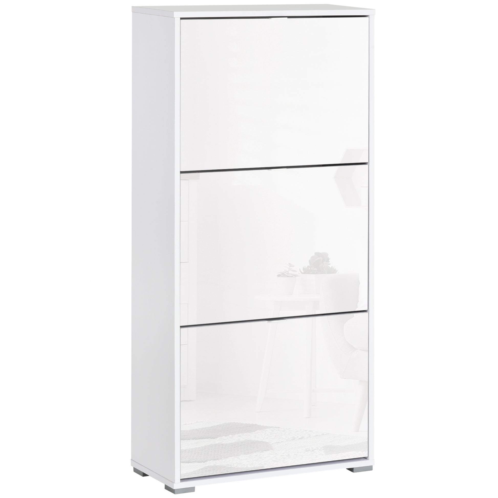 Shoe Storage Cabinet Shoe Rack 3 Drop-Down Doors 3 Compartments Wood 60L x 26W x 124H cm High Gloss White