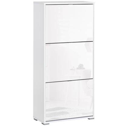 Shoe Storage Cabinet Shoe Rack 3 Drop-Down Doors 3 Compartments Wood 60L x 26W x 124H cm High Gloss White
