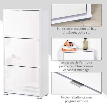 Shoe Storage Cabinet Shoe Rack 3 Drop-Down Doors 3 Compartments Wood 60L x 26W x 124H cm High Gloss White