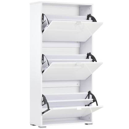 Shoe Storage Cabinet Shoe Rack 3 Drop-Down Doors 3 Compartments Wood 60L x 26W x 124H cm High Gloss White