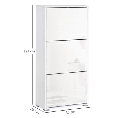 Shoe Storage Cabinet Shoe Rack 3 Drop-Down Doors 3 Compartments Wood 60L x 26W x 124H cm High Gloss White