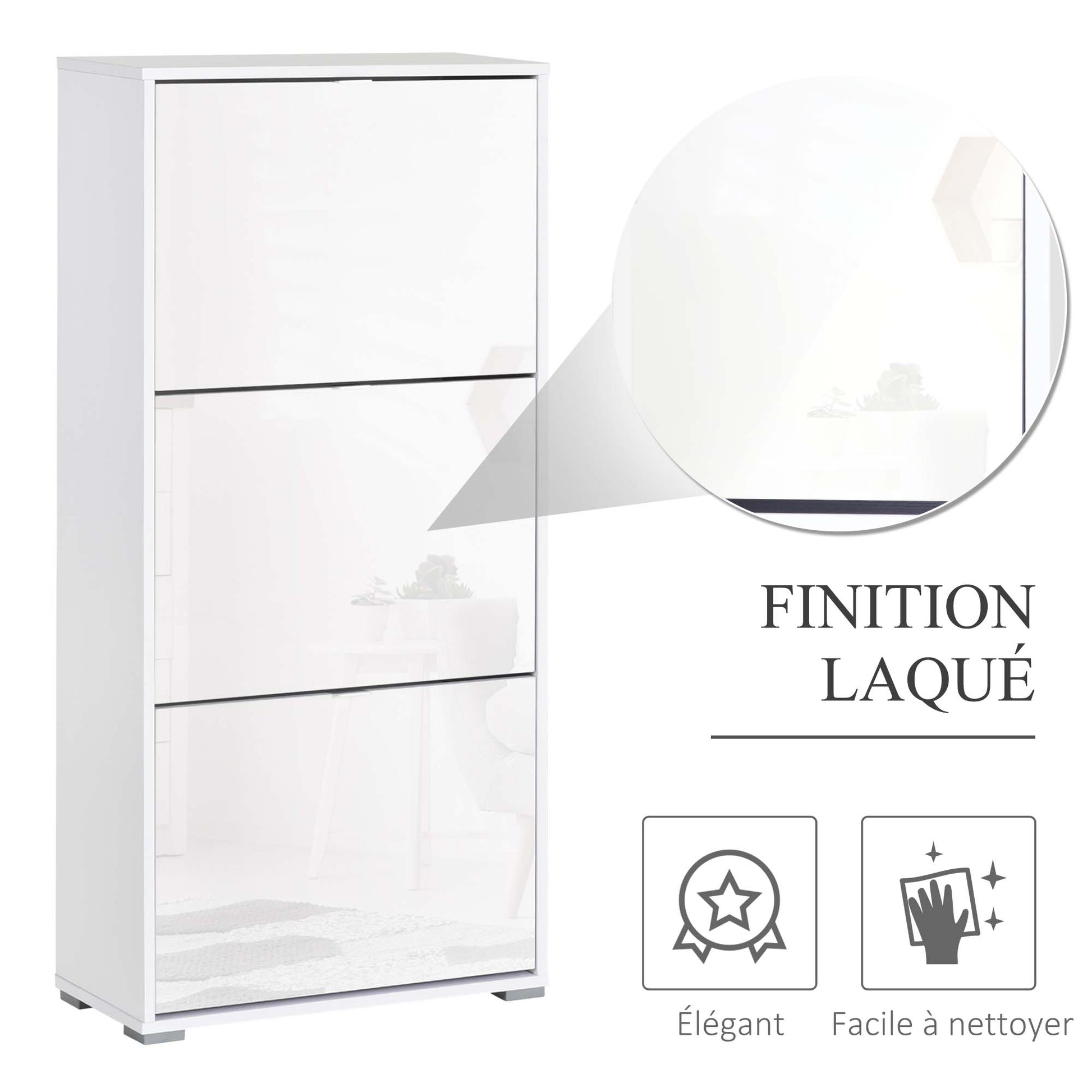 Shoe Storage Cabinet Shoe Rack 3 Drop-Down Doors 3 Compartments Wood 60L x 26W x 124H cm High Gloss White