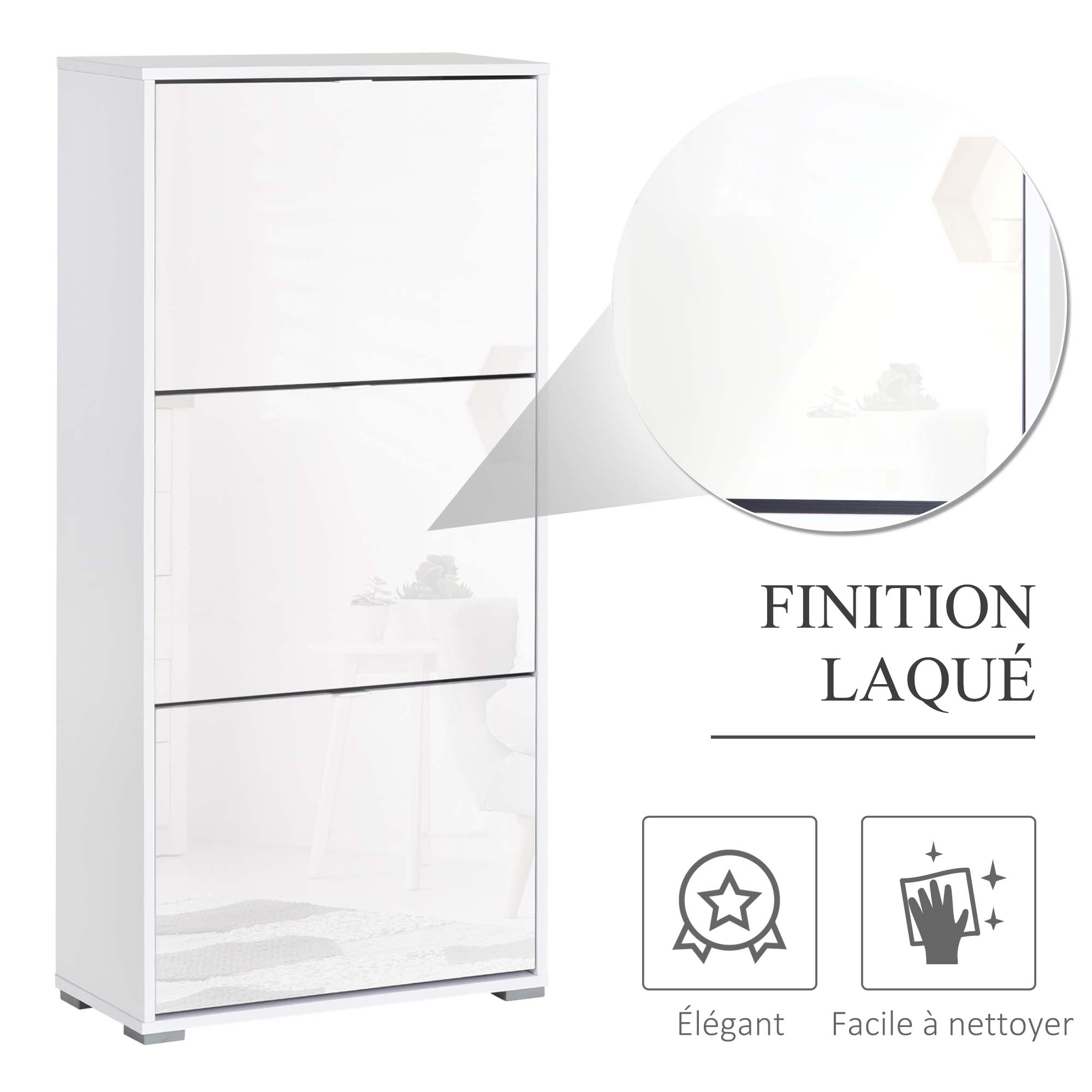 Shoe Storage Cabinet Shoe Rack 3 Drop-Down Doors 3 Compartments Wood 60L x 26W x 124H cm High Gloss White