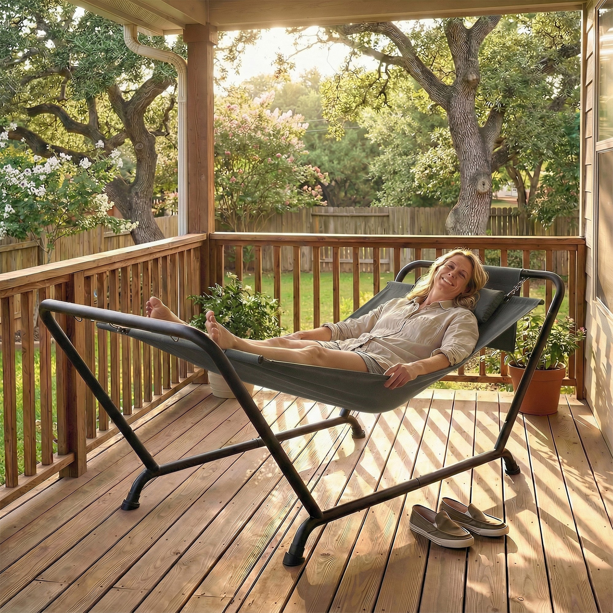 Freestanding Hammock with Stand 93 x 35 in — Spreader-Bar Hammock with Padded Headrest & Side Pocket, Powder-Coated Steel Frame, Holds up to 330 lb — Dark Gray